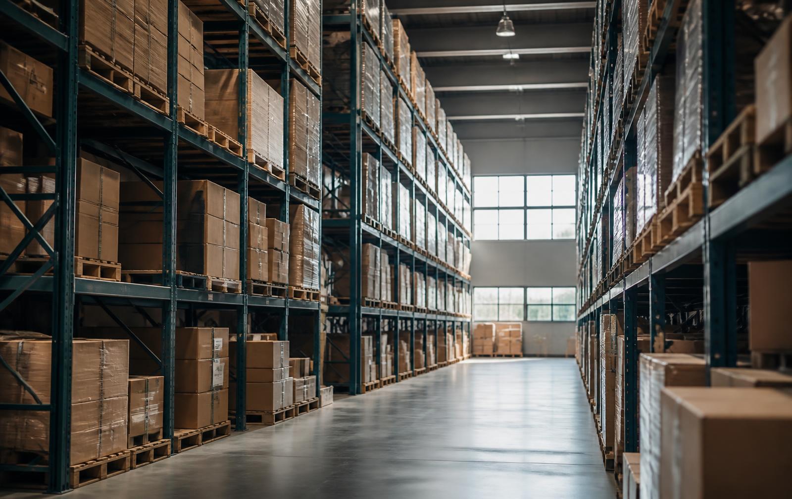 Centro de distribuição com racks organizados e pallets estocados