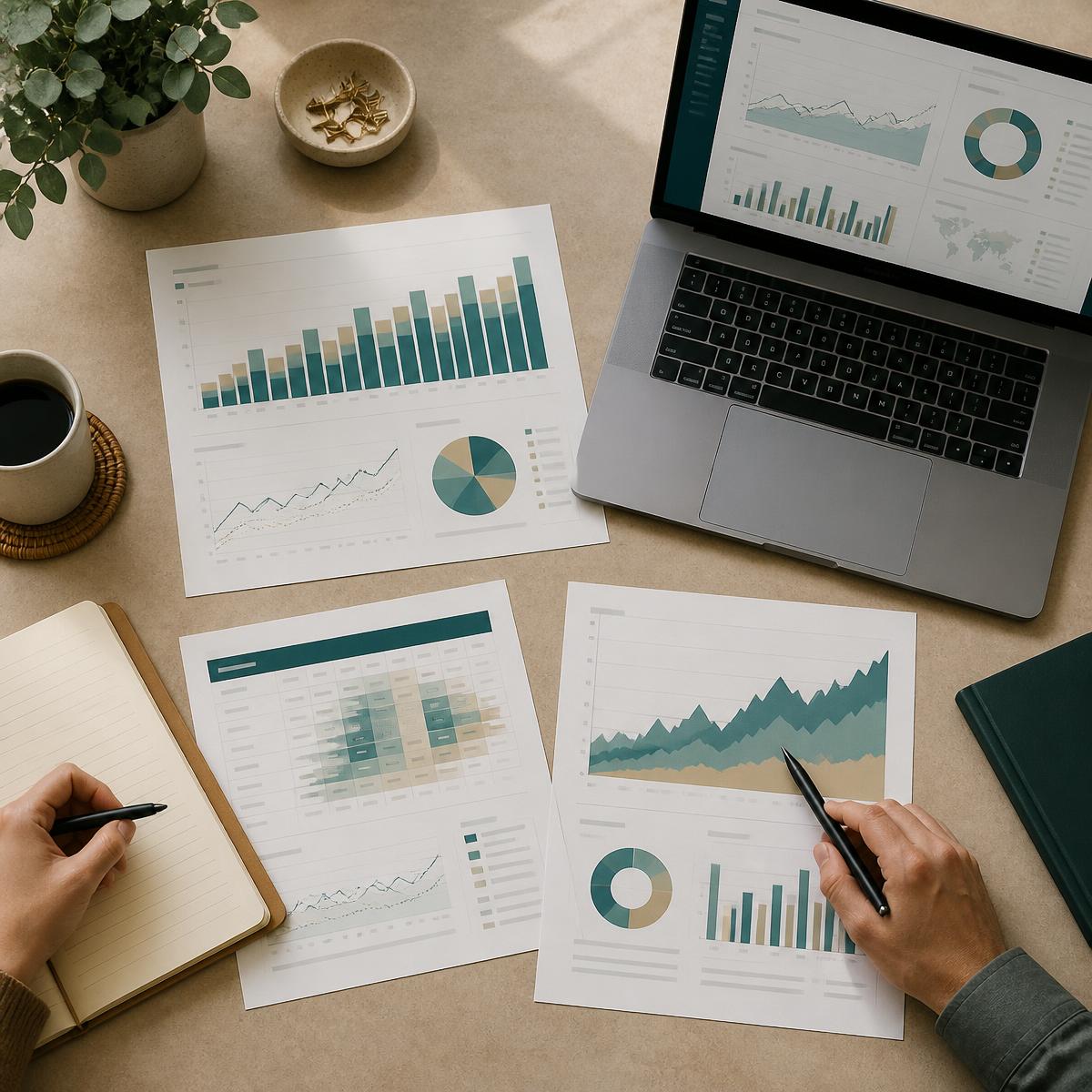 Mesa de trabalho com gráficos de previsão de demanda, laptop com dashboard e caderno de anotações